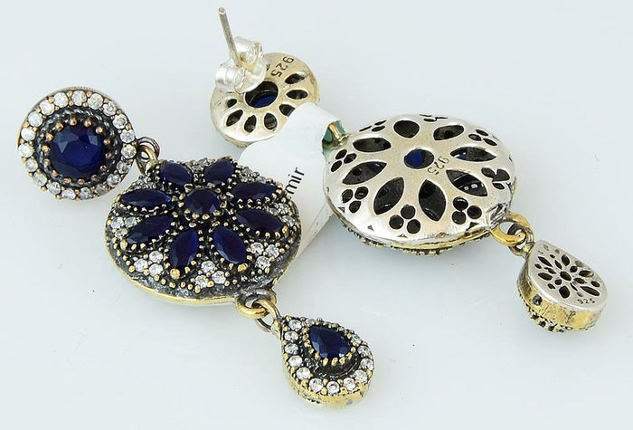 Blue Sapphire Earrings 925 Sterling Silver Drop Vintage Chandelier Handcrafted - KashmirDesigns
