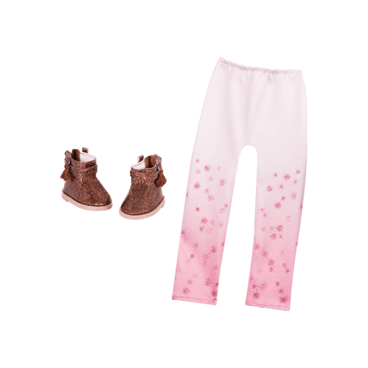 Pink ombre leggings and brown glitter boots for 14-inch doll