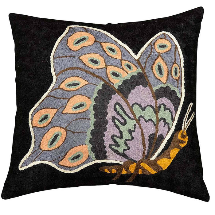 Butterfly Blossom Black Decorative Pillow Cover Hand Embroidered 18" x 18" - KashmirDesigns