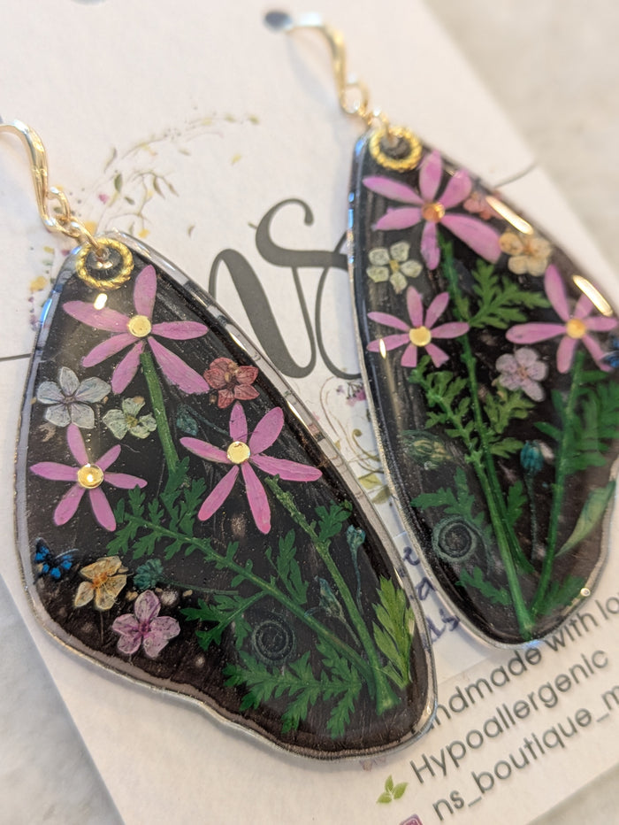 Butterfly Botanical Landscape - Real Butterfly Wing & Flower Earrings