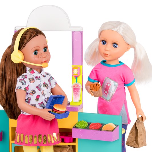 Two 14-inch dolls with drive-thru accessories and toy food