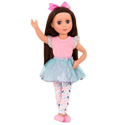 14-inch posable doll with brown hair and blue eyes