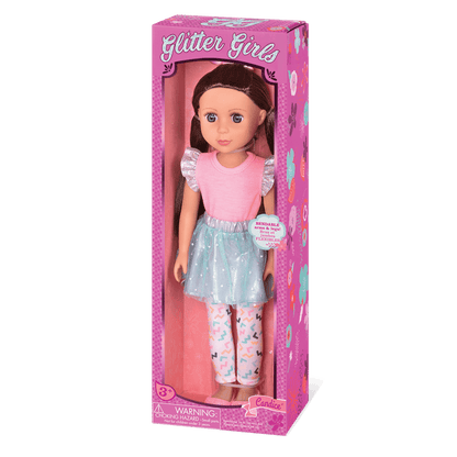 14-inch posable doll with brown hair and blue eyes