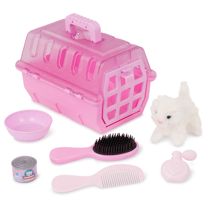 A cuteplush kitten in a pink carrying case for toddlers and kids.