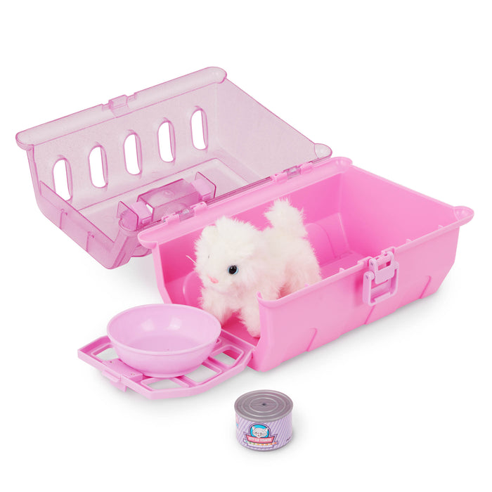 A cuteplush kitten in a pink carrying case for toddlers and kids.