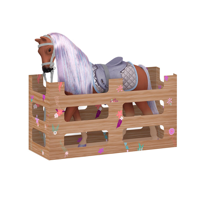 Brown and purple horse with saddle