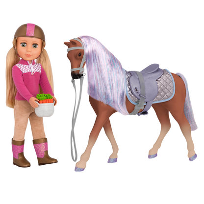 Brown and purple horse with saddle