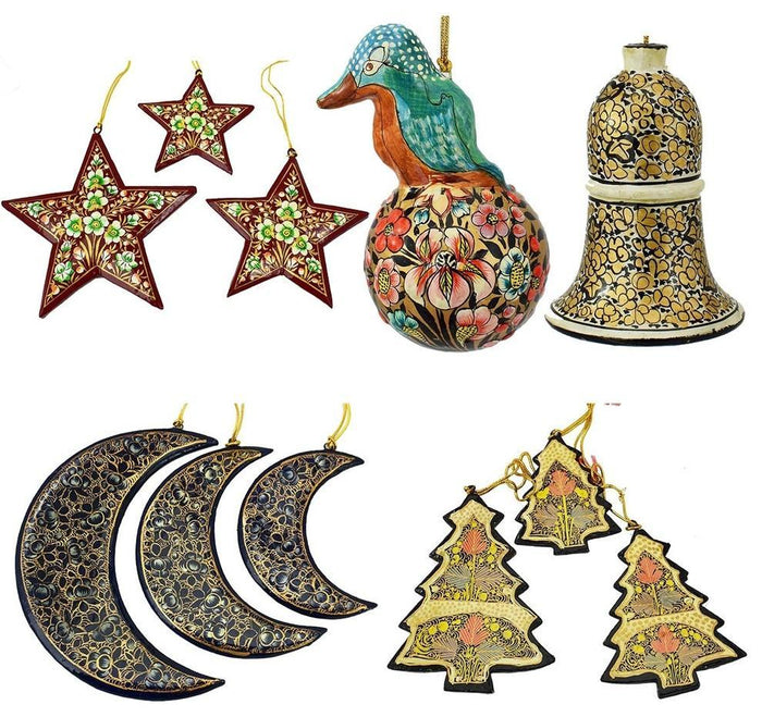 Christmas Ornaments Holiday Decorations, Robin Ball, Bell,Moon, Tree and Star Se - KashmirDesigns