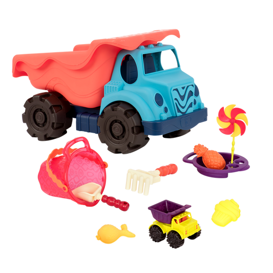 Dump truck and beach toys.