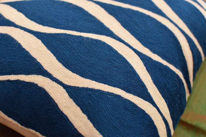 Contemporary Waves Midnight Blue Decorative Pillow Cover Handmade Wool 18" x 18" - KashmirDesigns