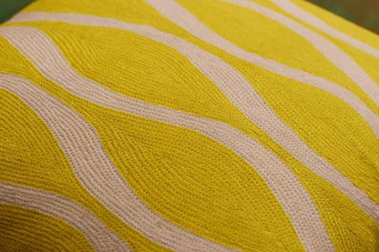 Contemporary Waves Yellow Decorative Pillow Cover Handmade Wool 18" x 18" - KashmirDesigns