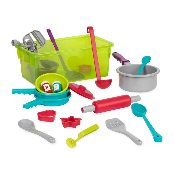A toy cooking set with a huge variety of different tools in a green bin.