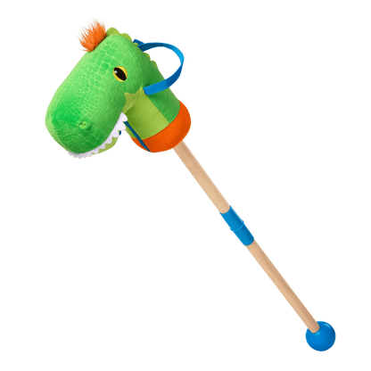 green dino hobby horse with wooden riding pole