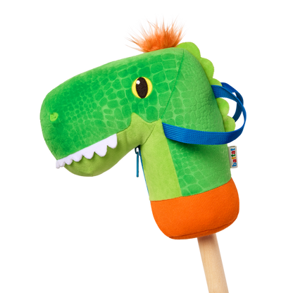 green dino hobby horse with wooden riding pole