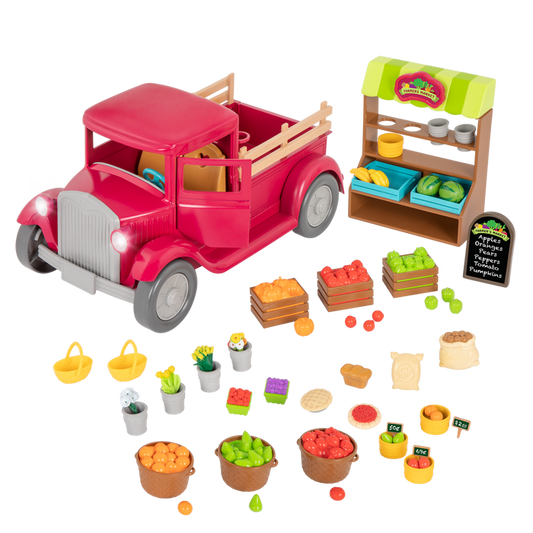 Toy truck with with food and market stand