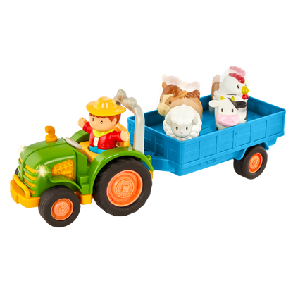 Toy tractor with a farmer and animal figurines.