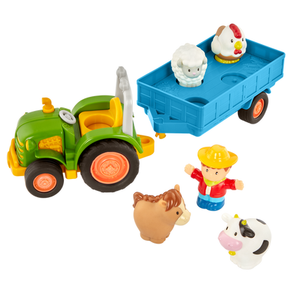 Toy tractor with a farmer and animal figurines.