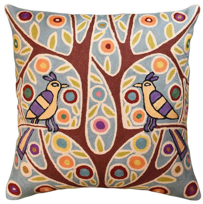 Folk Bird In Tree Karla Gerard Accent Pillow Cover Handembroidered Wool 18"x18" - KashmirDesigns