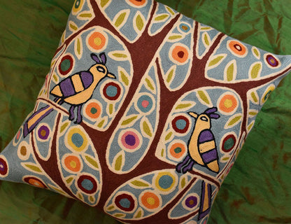 Folk Bird In Tree Karla Gerard Accent Pillow Cover Handembroidered Wool 18"x18" - KashmirDesigns