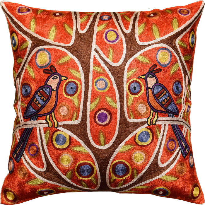 Folk Love Birds Tree of Life Karla Gerard Red Toss Pillow Cover Art Silk 18"x18" - KashmirDesigns
