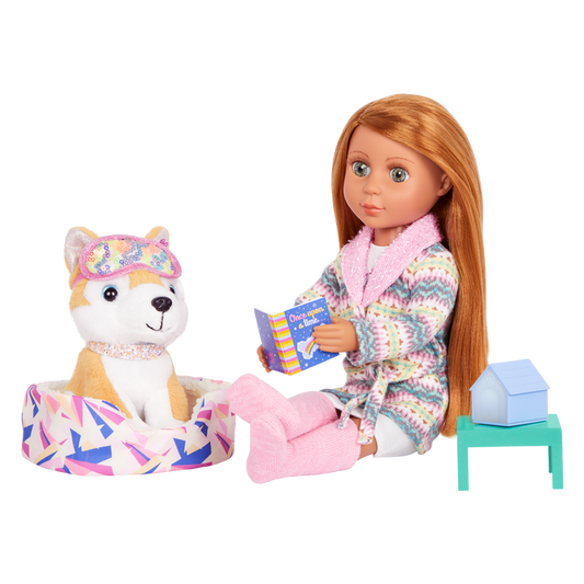 14-inch doll and Shiba Inu dog plushie with bedtime pet playset