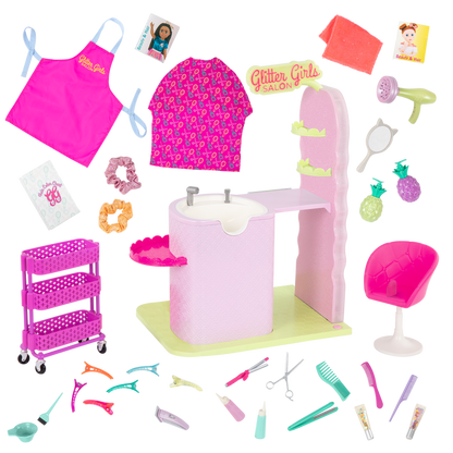 Two 14-inch dolls with hair salon playset