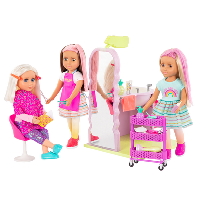 Two 14-inch dolls with hair salon playset