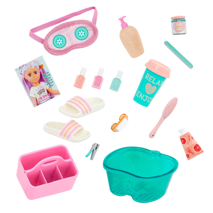 Two 14-inch dolls with salon chair and spa accessories