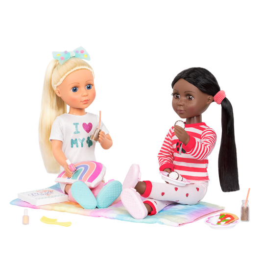 Two 14-inch dolls with sleepover party playset