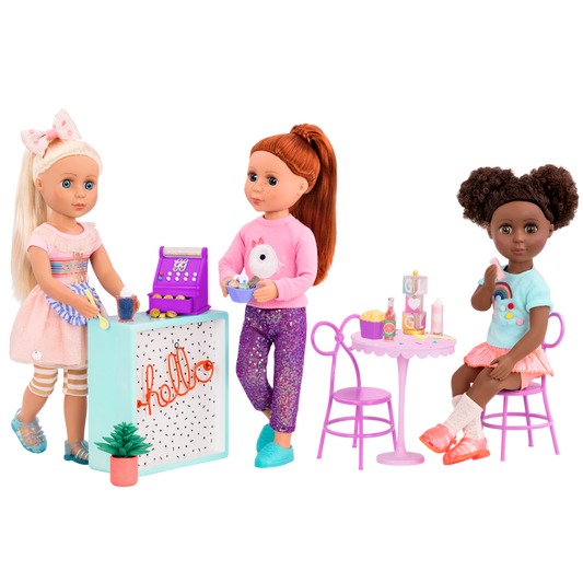 Three 14-inch dolls with terrace playset