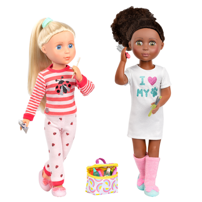 Two 14-inch dolls using travel bag and accessory playset