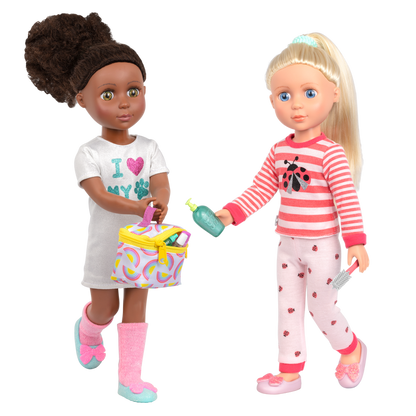 Two 14-inch dolls using travel bag and accessory playset