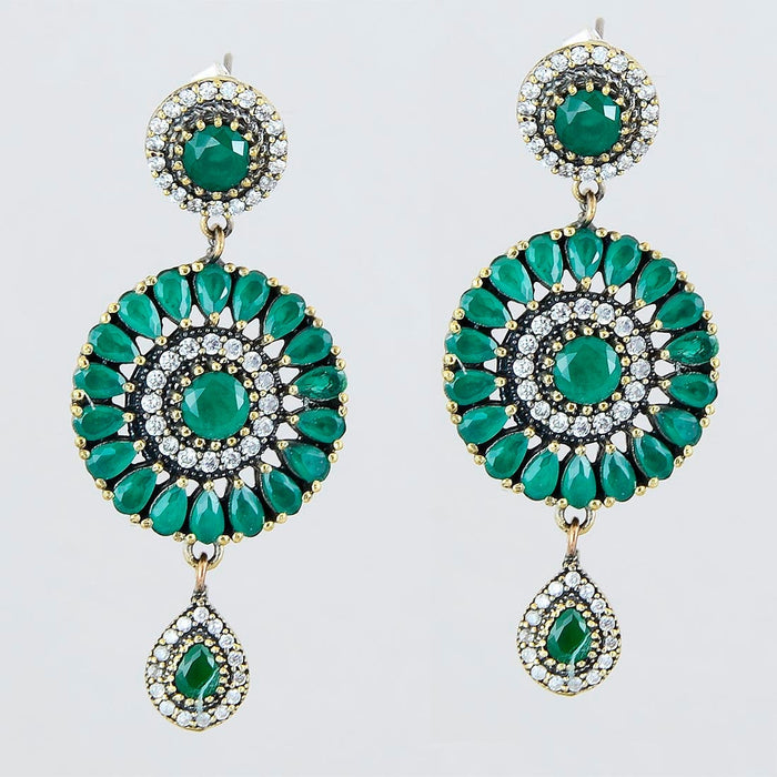 Green Emerald Chandelier Earrings 925 Sterling Silver Ottoman Dome Dangle Drop Earring - KashmirDesigns