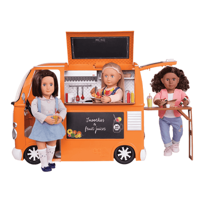 Three 18-inch dolls with toy food truck