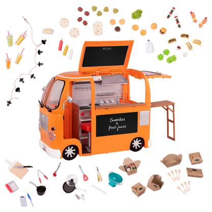 Three 18-inch dolls with toy food truck