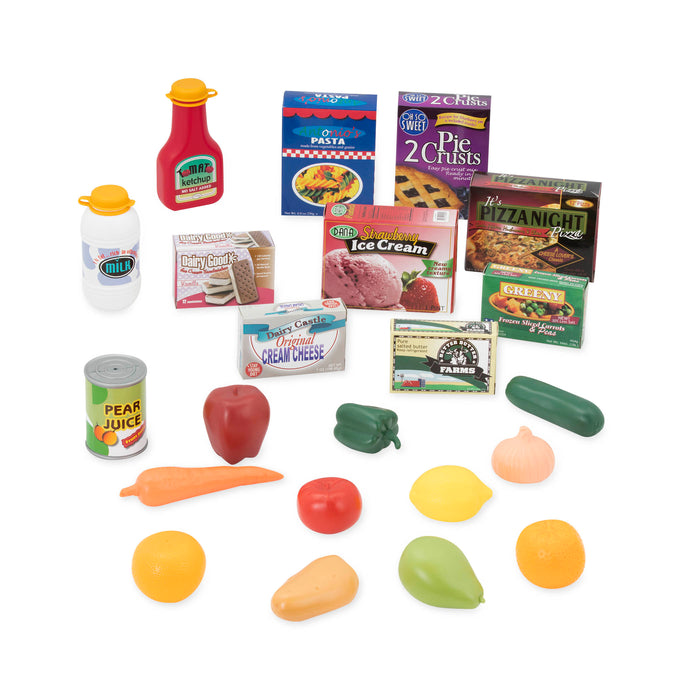A blue, yellow, and red toy shopping cart complete with play food.