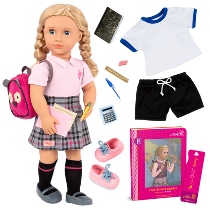 18-inch doll with blonde hair, blue eyes, school accessories and storybook