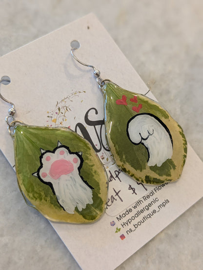 Hand Painted Cat Paws on Leaf Earrings