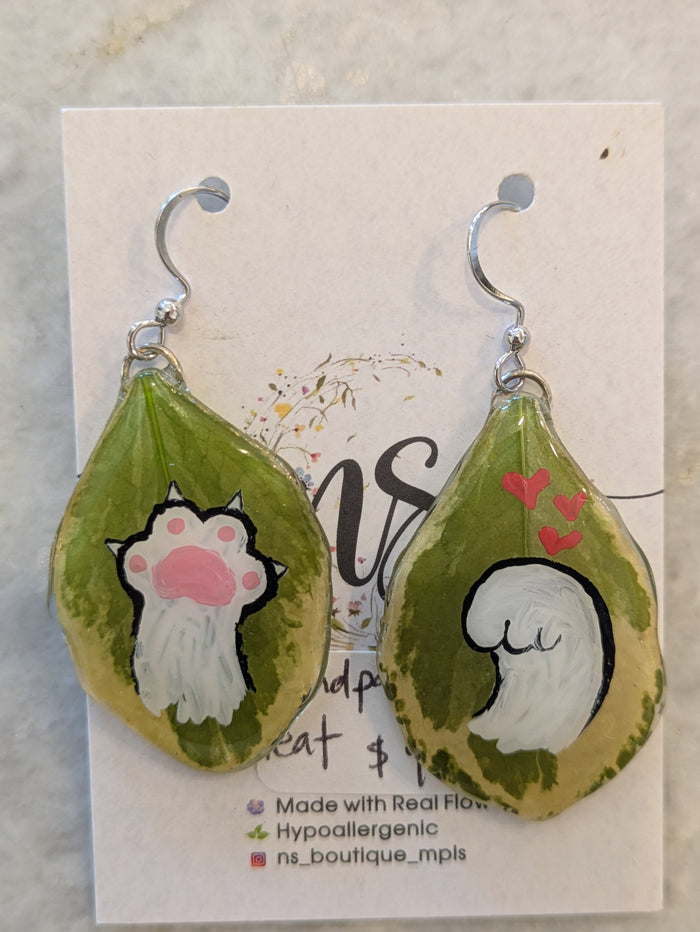 Hand Painted Cat Paws on Leaf Earrings