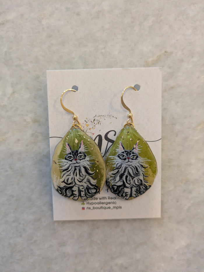 Hand Painted Long Hair Cat on Leaf Earrings
