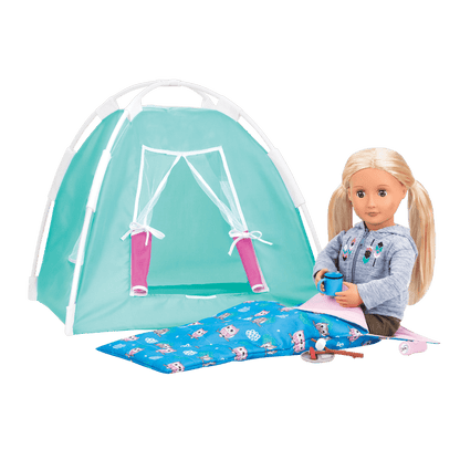 Ginger sitting in sleeping bag