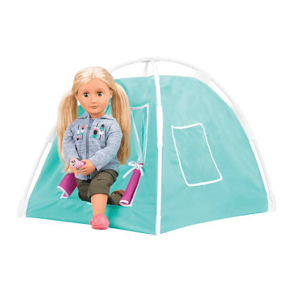 Ginger sitting in sleeping bag