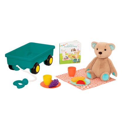 Plush bear with picnic playset and book.