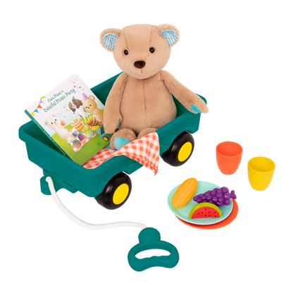 Plush bear with picnic playset and book.