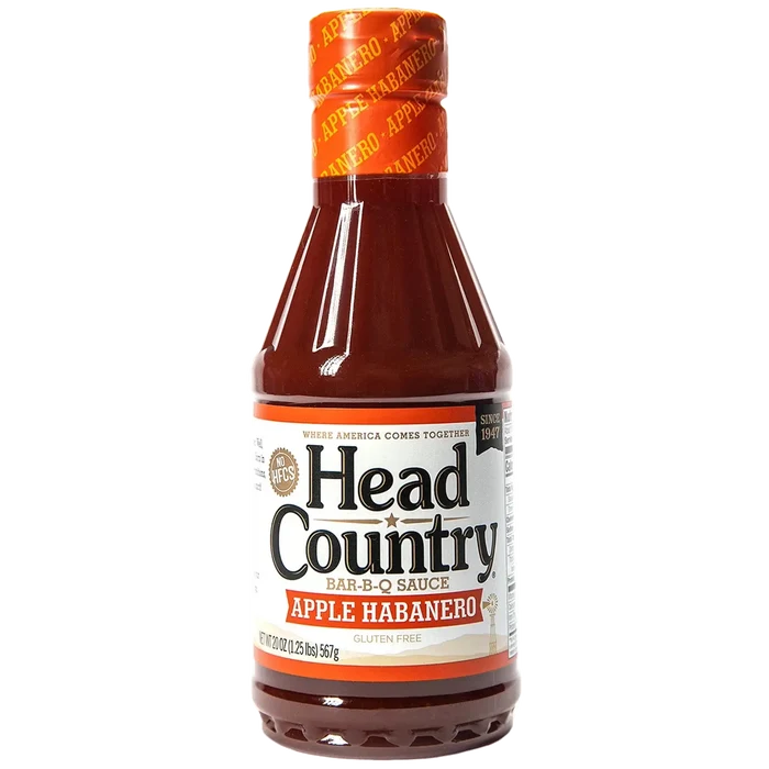 Head Country Apple Habanero BBQ Sauce bottle featuring apple habanero barbecue sauce, gluten-free and perfect for grilling.