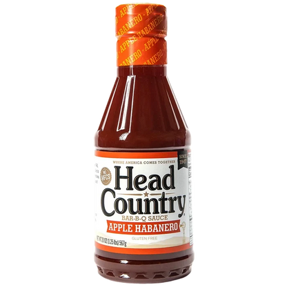 Head Country Apple Habanero BBQ Sauce bottle featuring apple habanero barbecue sauce, gluten-free and perfect for grilling.