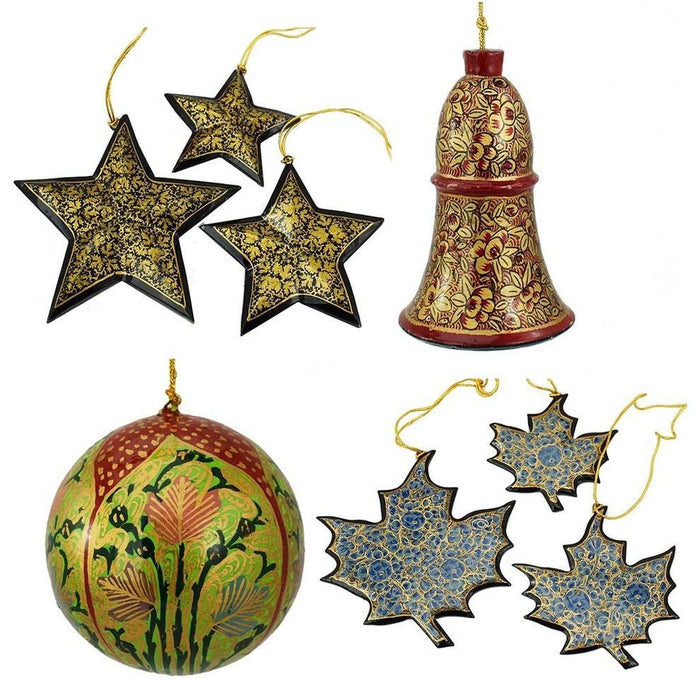Holiday Christmas Ornaments, Hand Painted Ball, Bell, Star and Maple Set - KashmirDesigns