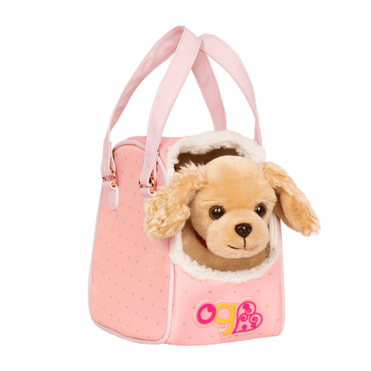 Cocker spaniel dog plushie in pet carrier