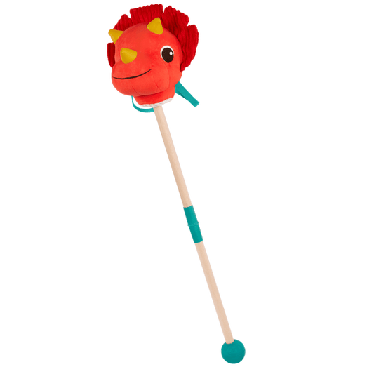 Plush dino hobbyhorse triceratops with wooden stick, sounds, and sensory textures