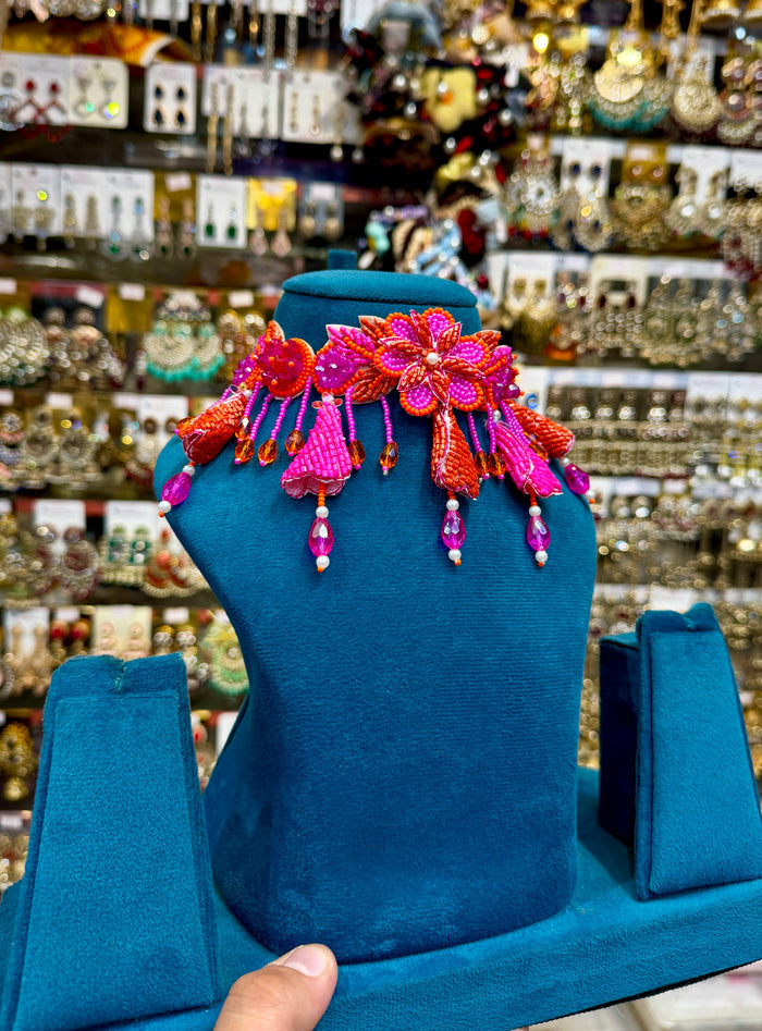 Hot Pink & Orange Floral Bride Haldi Mehendi Jewellery Set